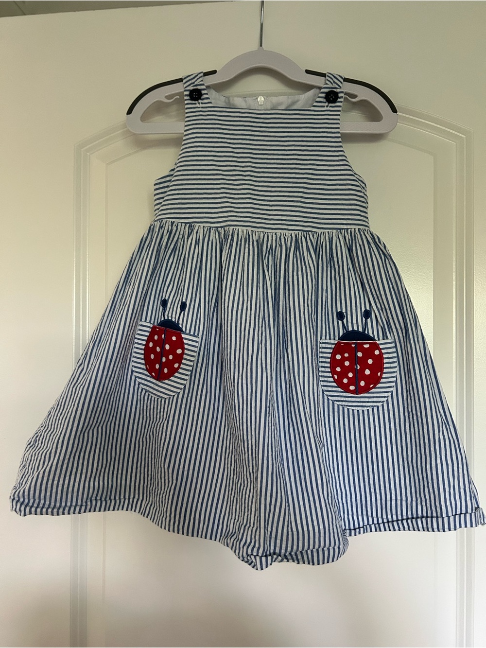 Florence Eiseman Blue and White Striped Dress with Red Ladybug Pockets